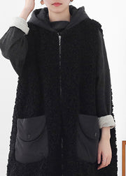 Black Zippered Cotton Patchwork Velour Hooded Waistcoat Sleeveless