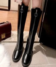 Black Zippered Cowhide Leather Boho Knee boots