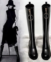 Black Zippered Cowhide Leather Boho Knee boots