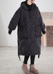 Black Zippered Drawstring Maxi Hooded Duck Down Down Coats Winter