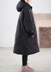 Black Zippered Drawstring Maxi Hooded Duck Down Down Coats Winter