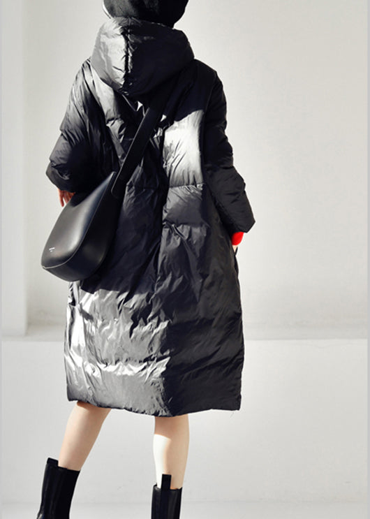 Black Zippered Long Hooded Duck Down Filled Down Coat Winter