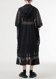 Black Zippered Pockets Patchwork Tulle UPF 50+ Coat Hooded Summer