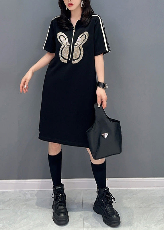 Black Zippered Rabbit Print Mid Dresses Short Sleeve