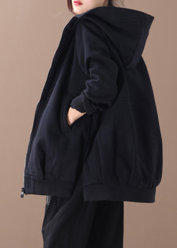 Black Zippered Side Open Hooded Coats Long Sleeve