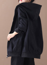 Black Zippered Side Open Hooded Coats Long Sleeve