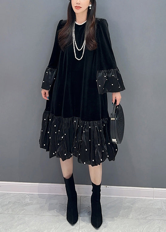 Black Zircon Patchwork Silk Velvet Dress O Neck Long Sleeve