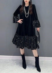 Black Zircon Patchwork Silk Velvet Dress O Neck Long Sleeve