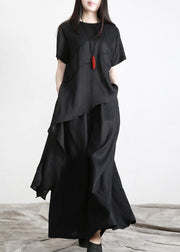 Black asymmetrical Design Linen Long Shirt Wide Leg Pants Summer - SooLinen