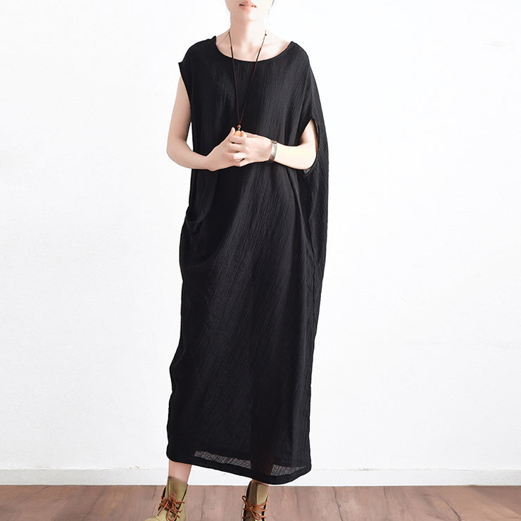 Black casual asymmetrical baggy linen summer dresses oversized sleeveless cotton
