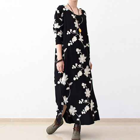 Black embroidered cotton dresses 2021 fall caftans long cotton maxi dresses