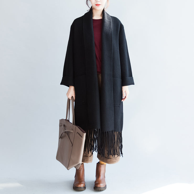 Black long cashmere coats oversized long woolen jackets tasseled cardigans