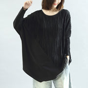Black patchwork cotton blouses oversized long sleeve t shirts pullover