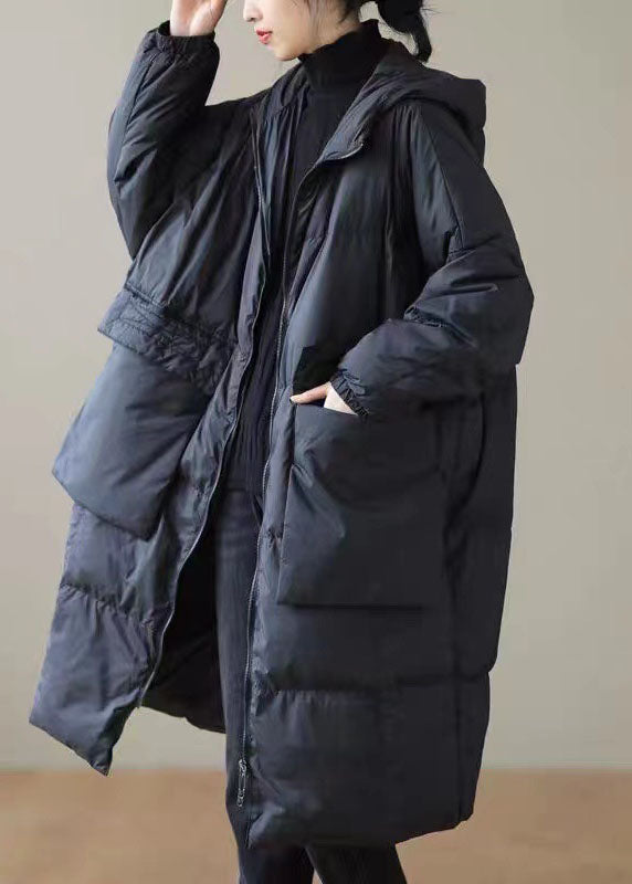 Schwarze warme Entendaunen-Wintermäntel mit Reißverschluss für den Winter