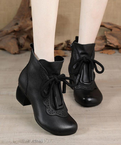 Black zippered Cowhide Leather Boots Lace Up Boots - SooLinen