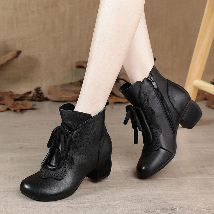 Black zippered Cowhide Leather Boots Lace Up Boots - SooLinen