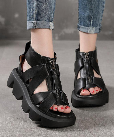 Black zippered Flat Platform Walking Sandals - SooLinen