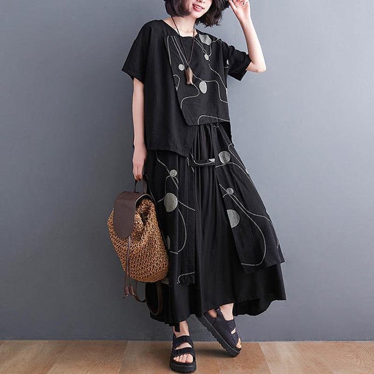 Black Print Short Sleeve Round Neck T-shirt Elastic Waist Skirt Suit Summer - SooLinen