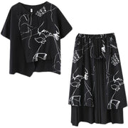 Black Print Short Sleeve Round Neck T-shirt Elastic Waist Skirt Suit Summer - SooLinen