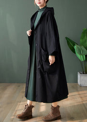 Blackish Green Button Pockets Patchwork Cotton Long Trench Coats Hooded Fall