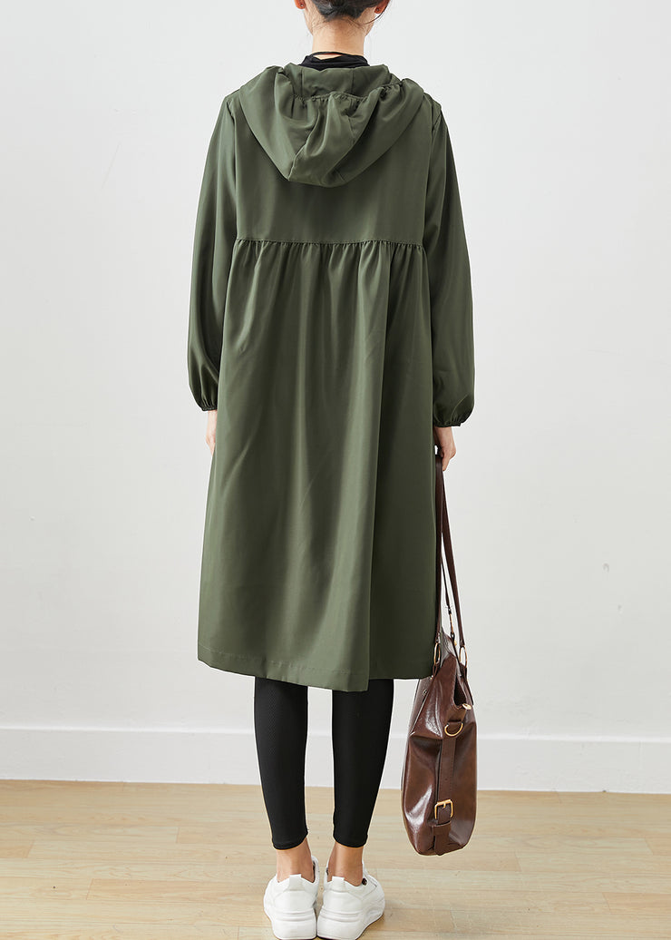 Blackish Green Cotton Coat Outwear Hooded Wrinkled Fall