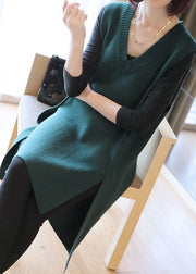 Blackish Green Knit Long Vests V Neck Low High Design Spring