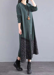 Blackish Green Patchwork Cotton Dress Stand Collar Button Fall