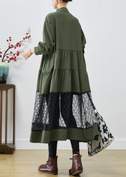 Blackish Green Patchwork Cotton Shirt Dress Hollow Out Fall