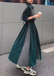 Blackish Green Patchwork Tie Waist Velour Women Sets 2 Pieces Fall