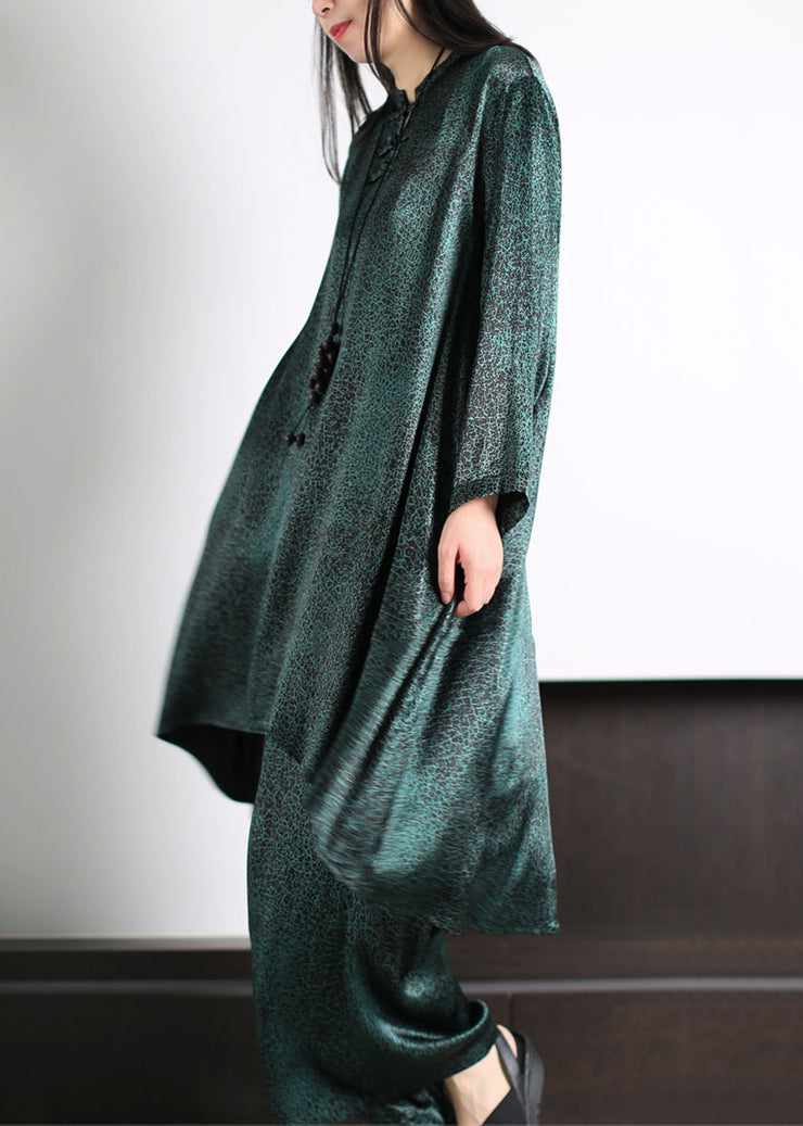 Blackish Green Patchwork Tops And Pants Silk Two Pieces Set Long Sleeve
