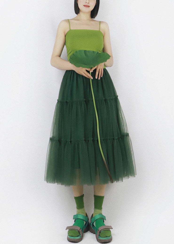 Blackish Green Patchwork Tulle Pleated Skirts High Waist Summer