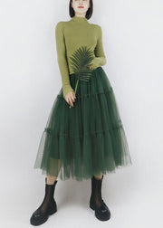 Blackish Green Patchwork Tulle Pleated Skirts High Waist Summer