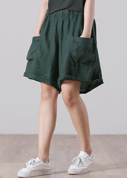 Blackish Green Pockets Patchwork Linen Shorts High Waist Summer