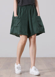 Blackish Green Pockets Patchwork Linen Shorts High Waist Summer
