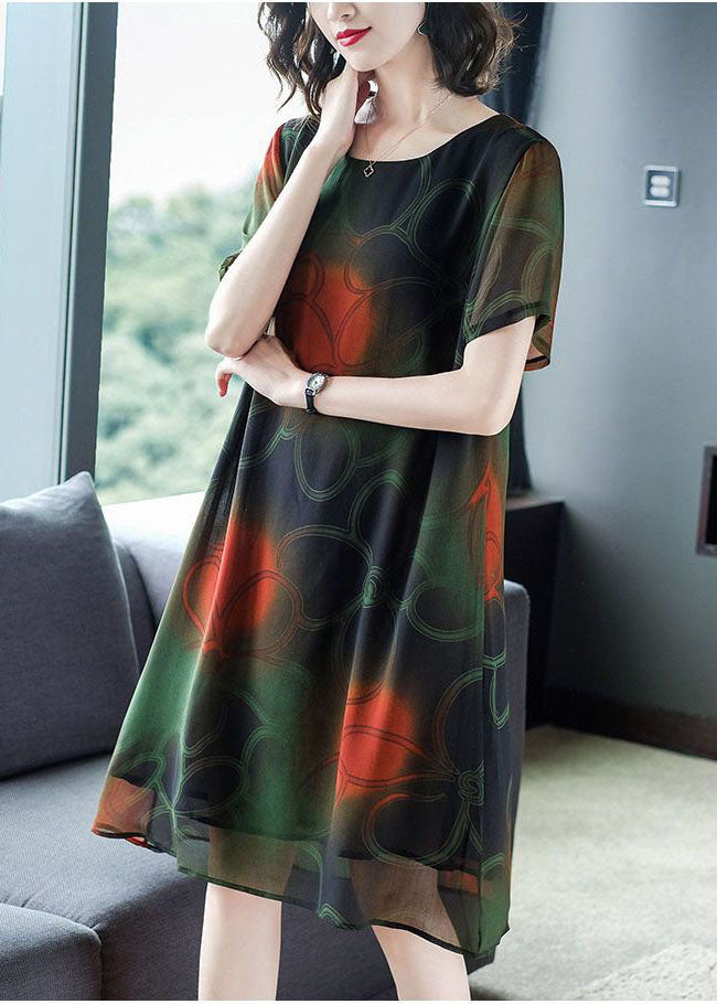 Blackish Green Print Chiffon Long Dress Oversized Summer