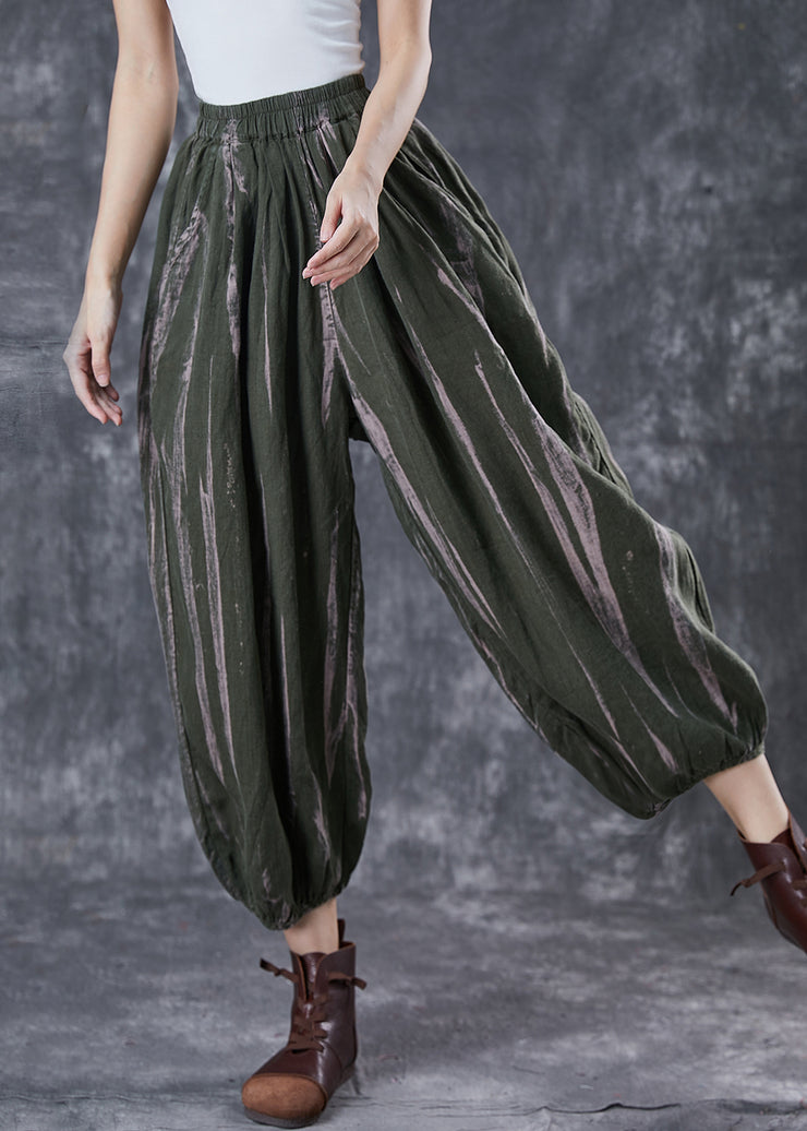 Blackish Green Print Linen Harem Pants Oversized Spring