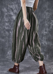 Blackish Green Print Linen Harem Pants Oversized Spring