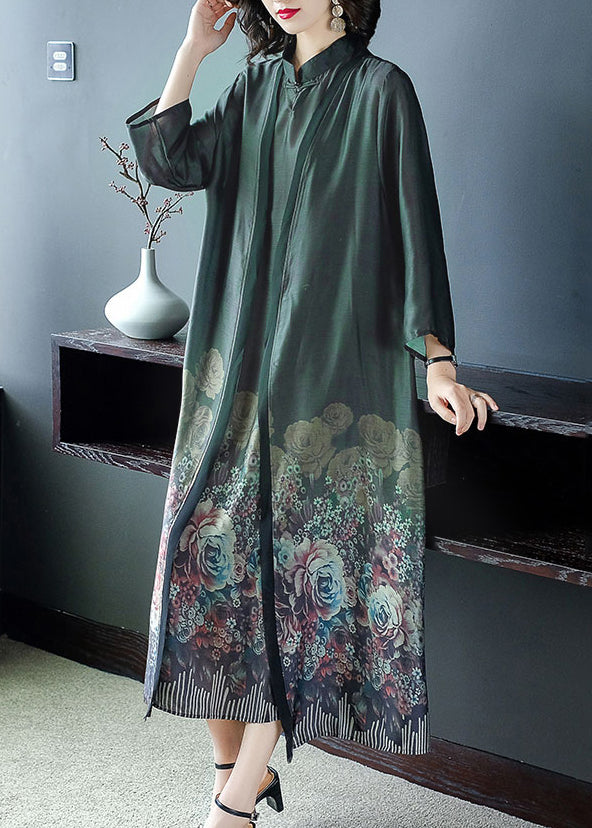 Blackish Green Print Silk Cardigans And Long Dress Two Pieces Set Button Spring
