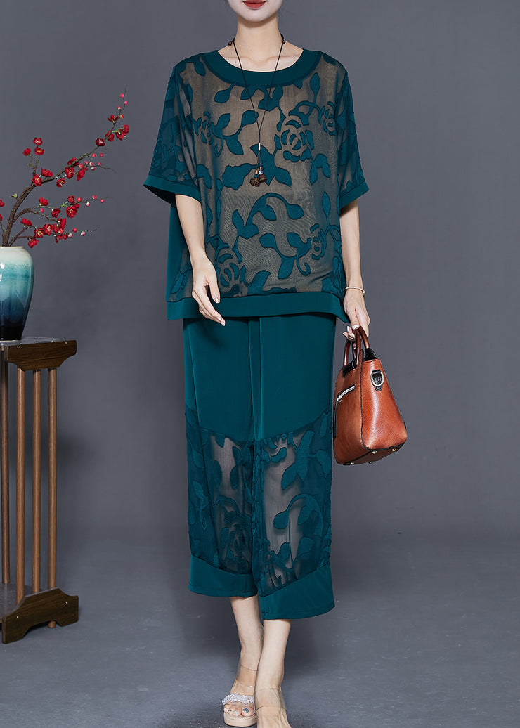 Blackish Green Silk Two Pieces Set Hollow Out Jacquard Summer