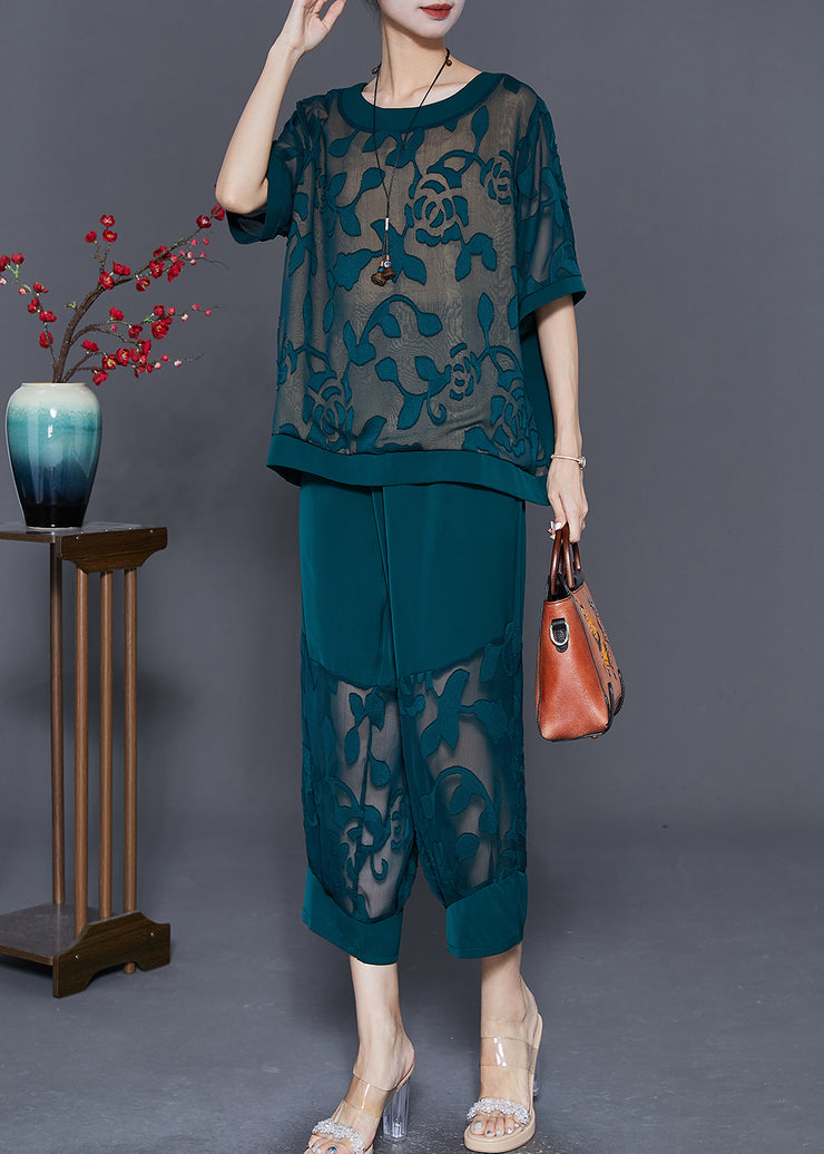 Blackish Green Silk Two Pieces Set Hollow Out Jacquard Summer