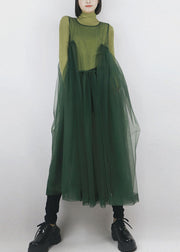Schwarzgrünes langes Kleid aus Tüll, asymmetrisch, extra großer Saum, ärmellos