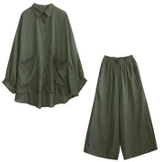 Blackish Green Two Piece Leisure Wide Legged Pants With Spring Art Loose Chiffon Shirt - SooLinen