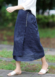 Blaue A-Linien-Röcke mit Knopf, asymmetrischem Design, elastischer Taille, Frühling