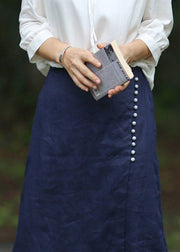 Blaue A-Linien-Röcke mit Knopf, asymmetrischem Design, elastischer Taille, Frühling