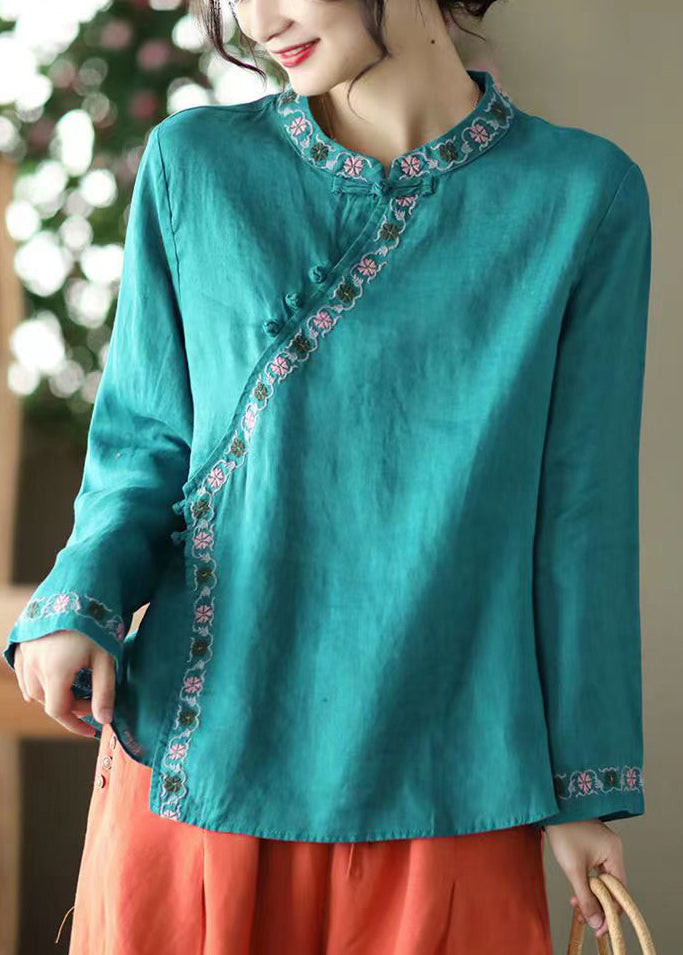 Blue Asymmetrical Design Linen Shirt Embroidered Long Sleeve