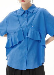 Blue Baggy Ruffles Patchwork Cotton Shirt Button Short Sleeve