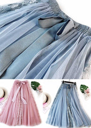 Blue Bow Patchwork Tulle Skirt Wrinkled Elastic Waist Spring