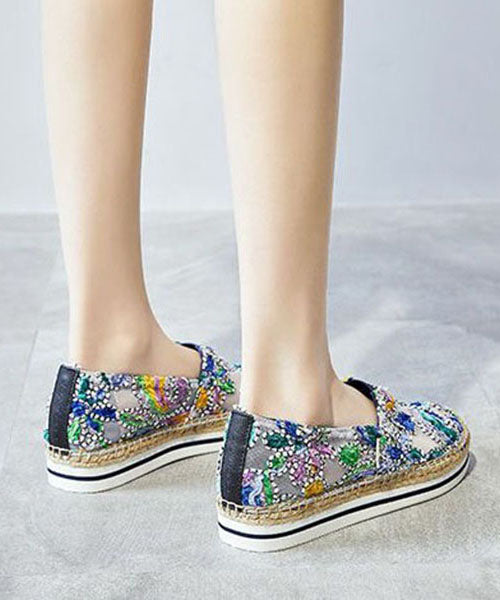 Blue Breathable Mesh Stylish Splicing Embroidery Flat Shoes