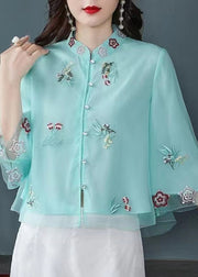 Blue Button Patchwork Shirt Top Embroidered Half Sleeve