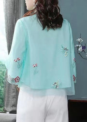 Blue Button Patchwork Shirt Top Embroidered Half Sleeve
